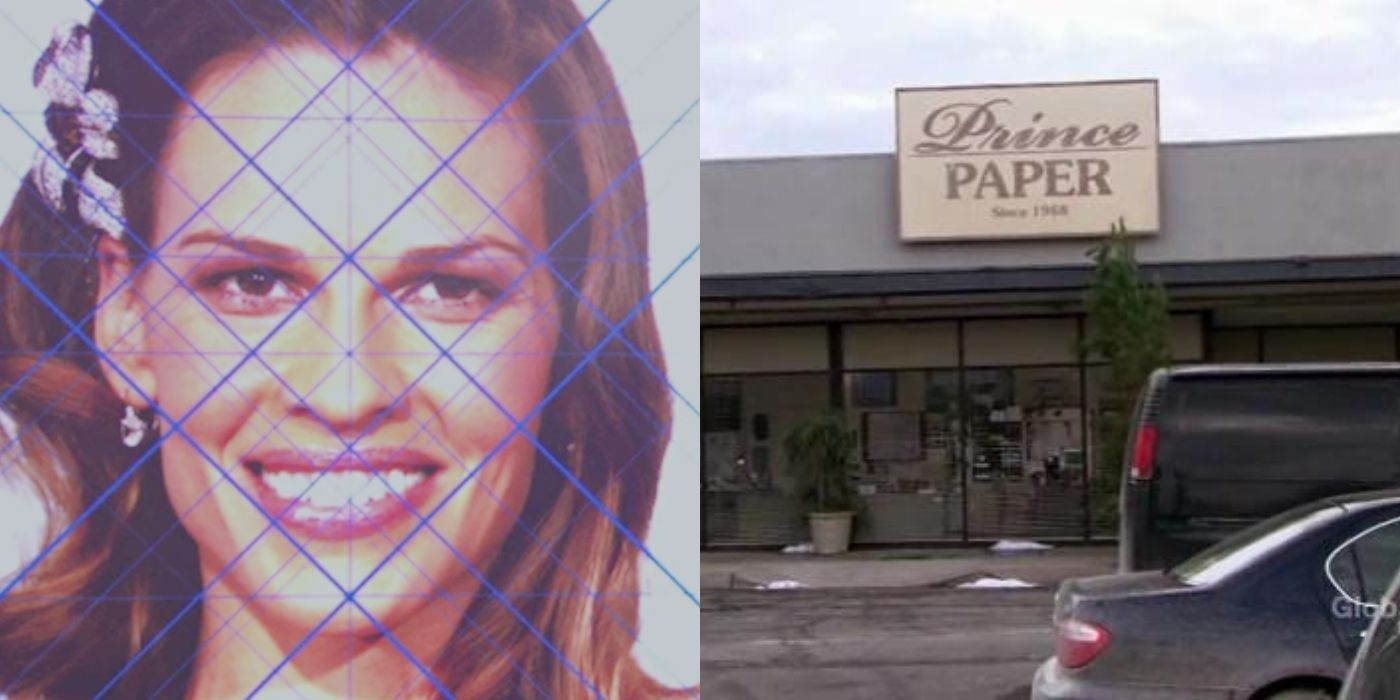 A split image of Hilary Swank and the Prince Paper Company in The Office