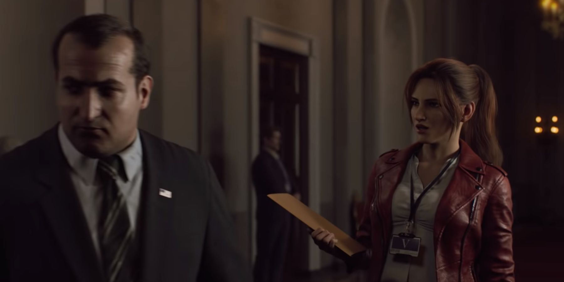 Claire trying to talk to Ryan in the White House in Resident Evil: Infinite Darkness.