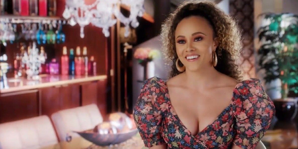 Ashley Darby in a floral dress during a confessional interview on Bravo's 'The Real Housewives of Potomac.'