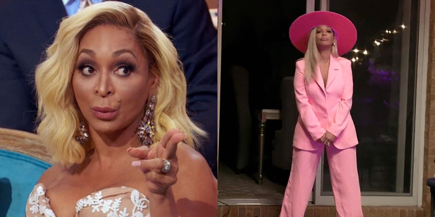 Split image: Karen Huger of Real Housewives of Potomac pointing at the camera and dressed as Beyonce