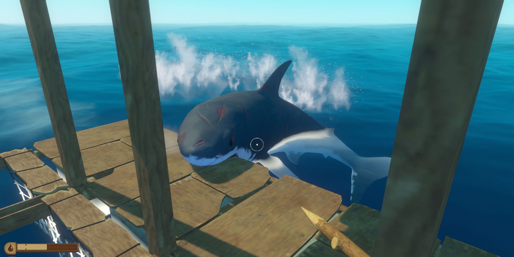 The player's raft getting attacked by a shark in Raft video game.