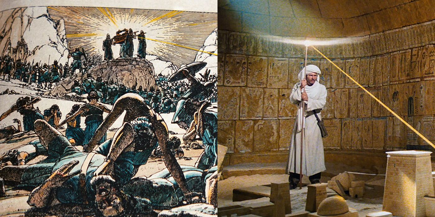 Split image of an illustrated Biblical text, and Indiana Jones with the staff of Ra.