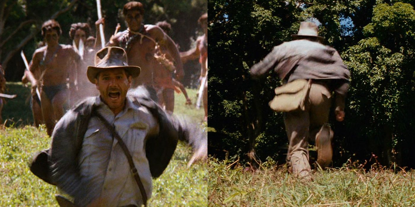 Indiana Jones runs from a group of natives in Raiders of the Lost Ark