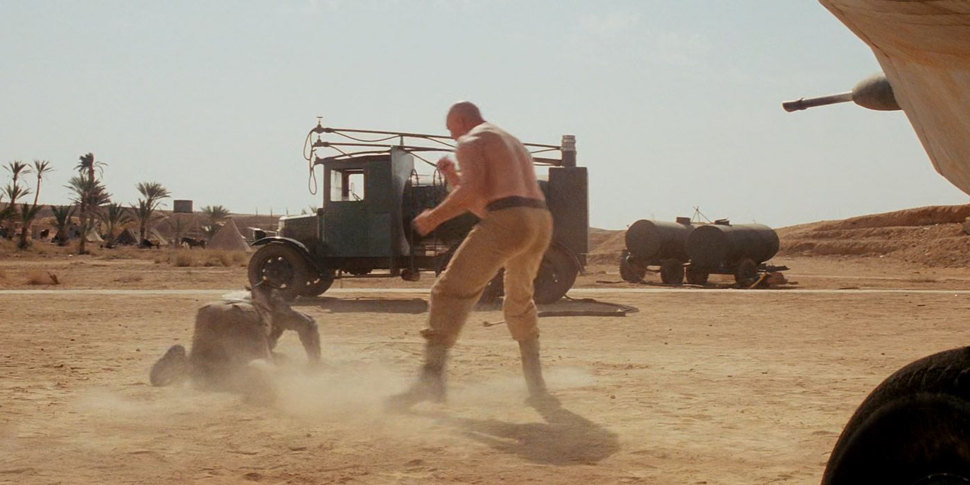 Indy fights a large Nazi mechanic in Raiders of the Lost Ark