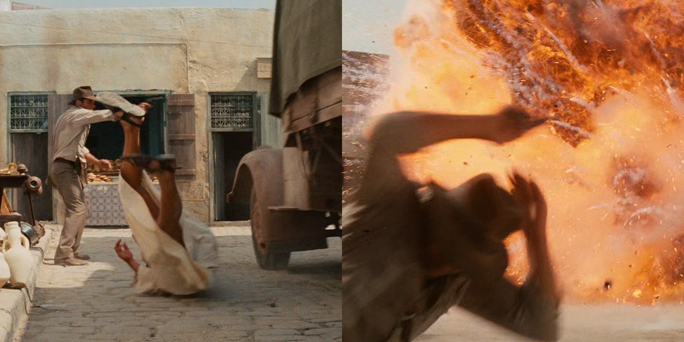 Indiana Jones tries to stop a truck before it explodes in Raiders of the Lost Ark