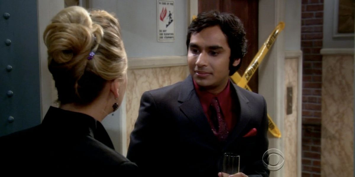 Raj and Penny outside her apartment before they go to the People Magazine's reception on TBBT