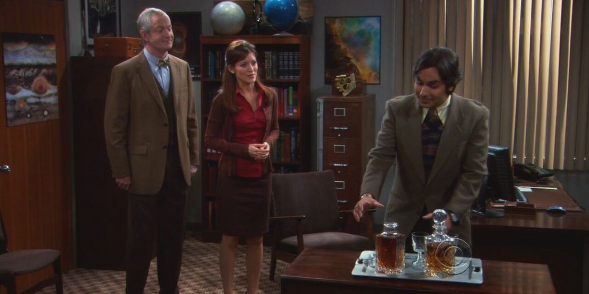 Raj drinking during an interview on The Big Bang Theory