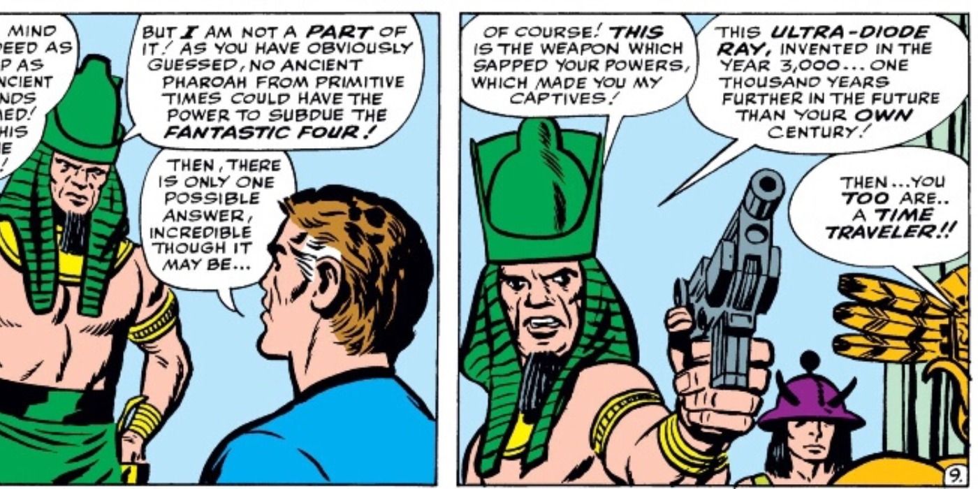 Rama Tut brandishes Ultra Diode gun against Reed Richards in Marvel Comics.