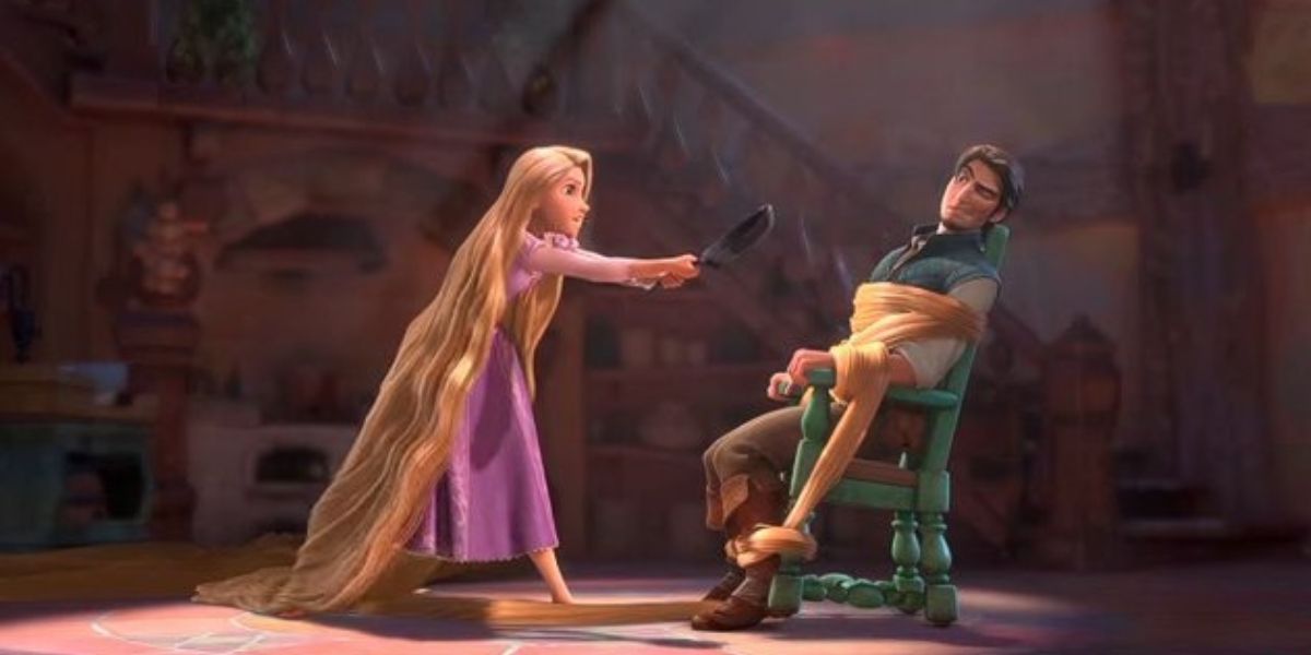 Rapunzel threatening a tied up Flynn with a frying pan in Tangled