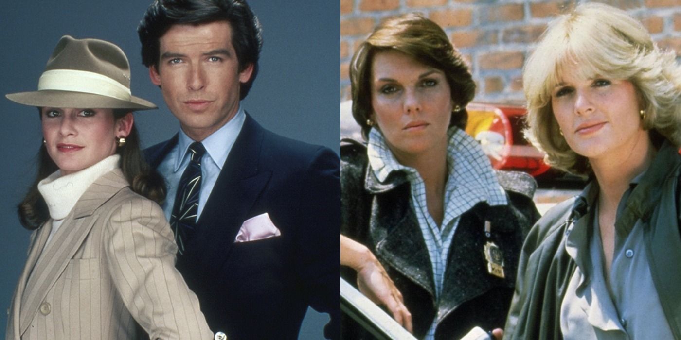 Remington Steele and Laura Holt in sophisticated business attire next to Cagney and Lacey in on-duty cop clothing