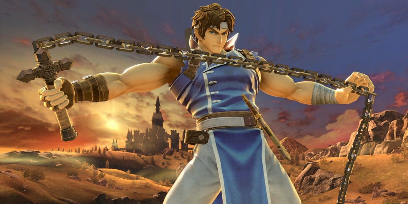 Richter holding his chain in Super Smash Bros Ultimate cross whip extension with sunset backdrop
