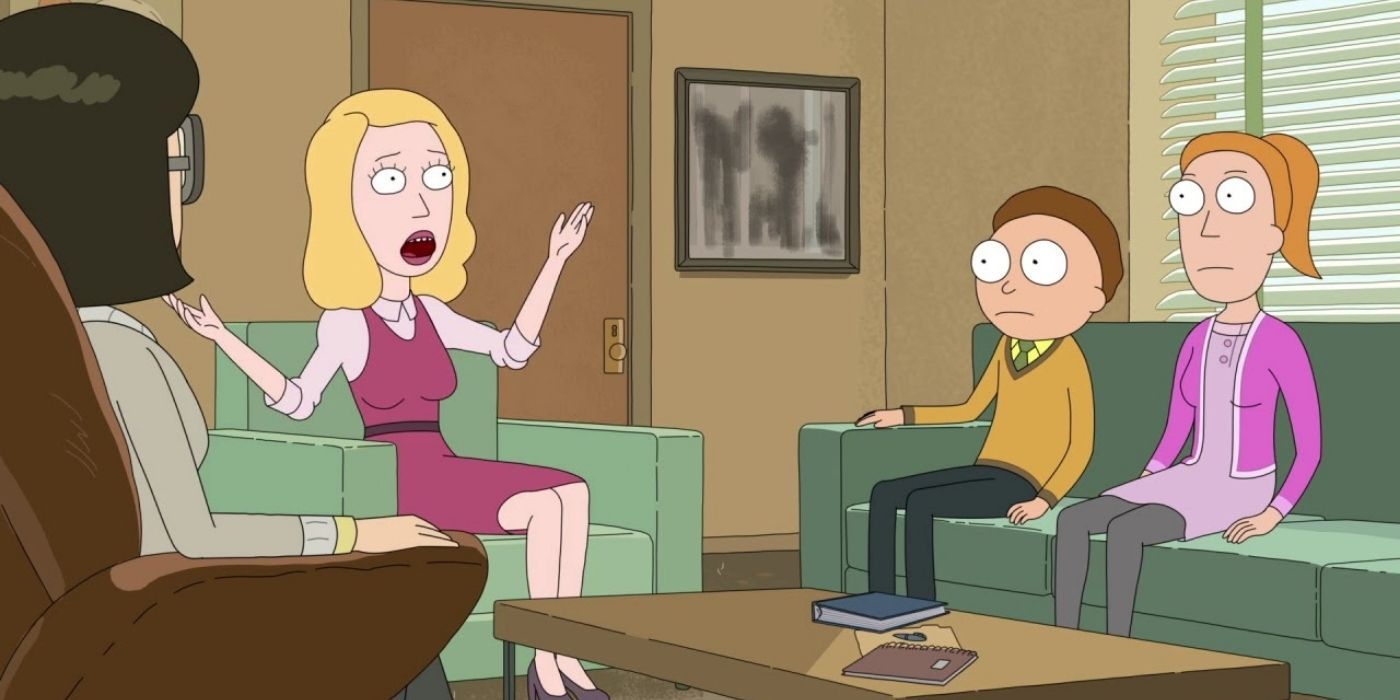 Beth talking in counseling while Morty and Beth listen in Rick and Morty