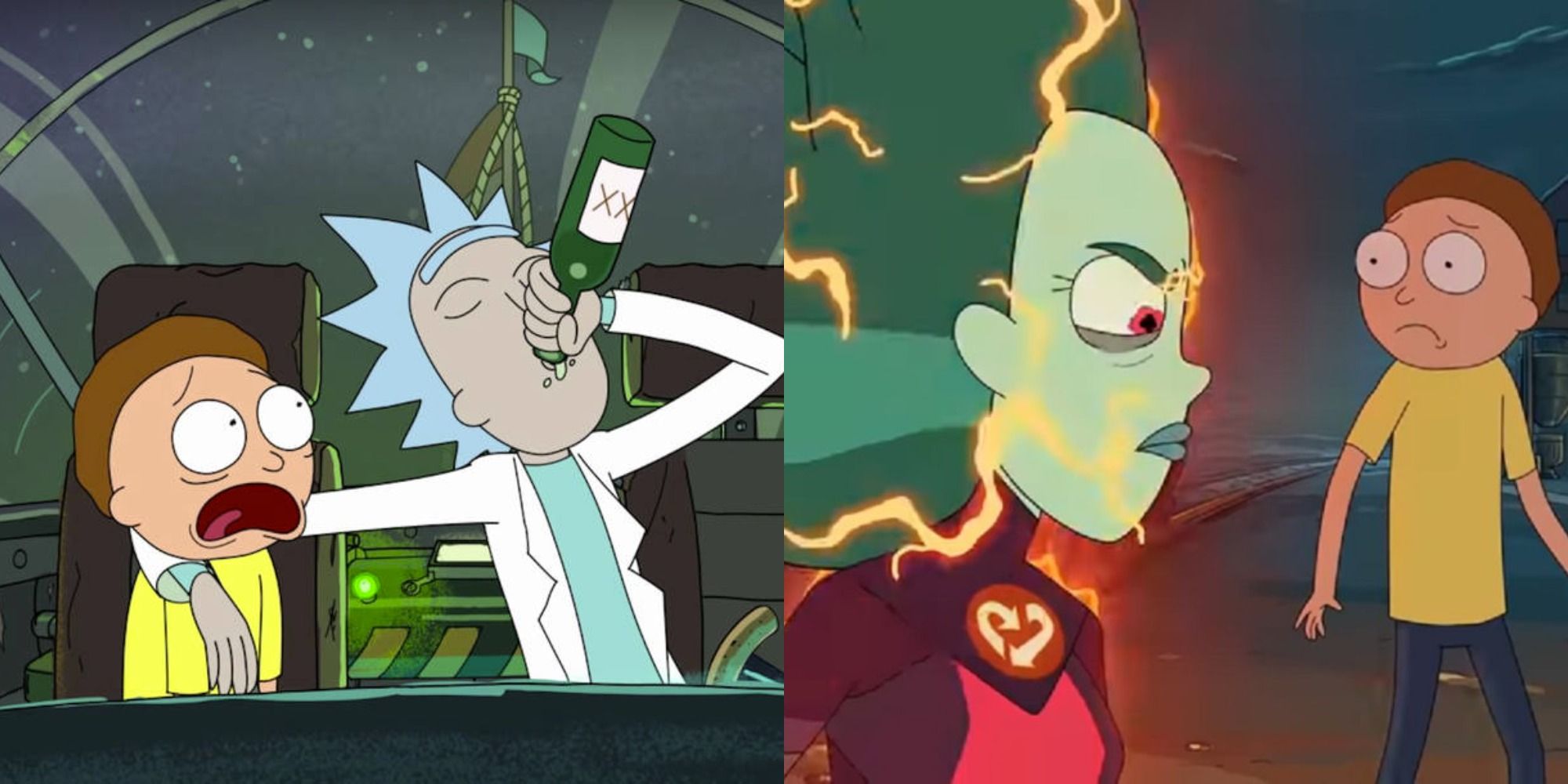 Rick And Morty: Rick drinking on a ship next to Morty; Morty confronting an alien
