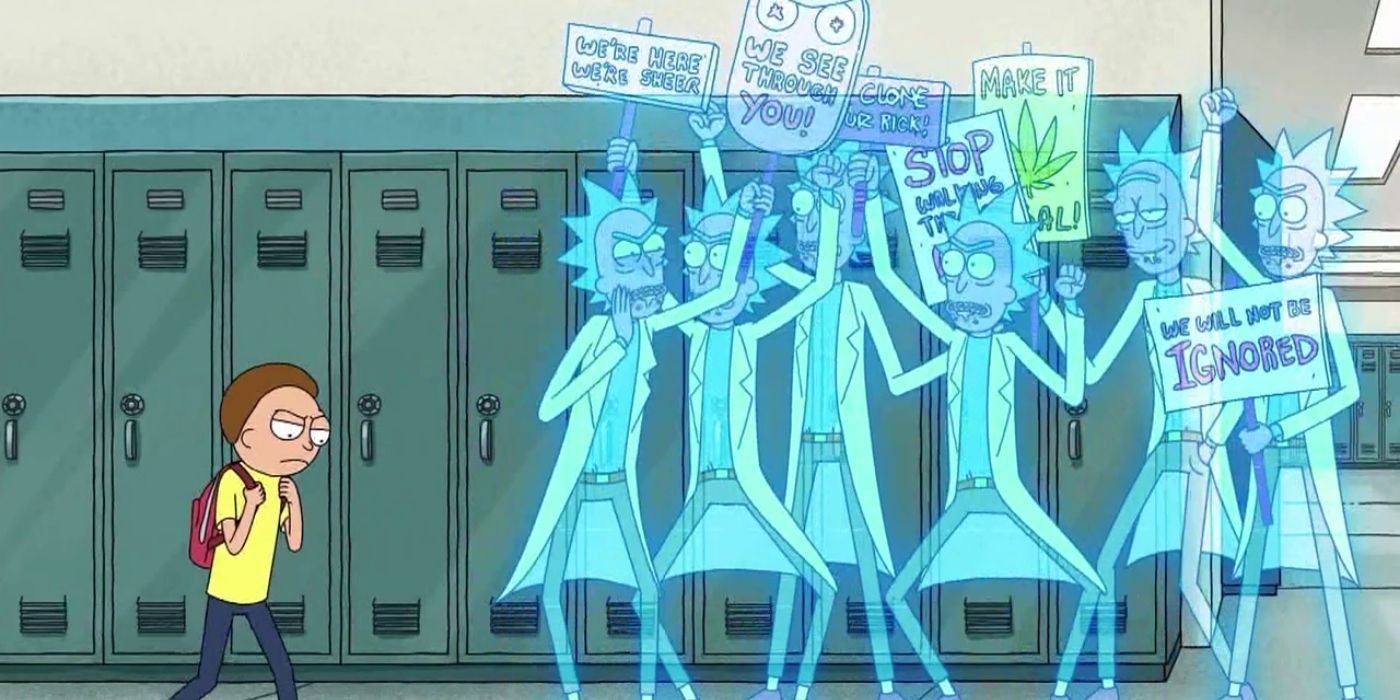 An annoyed Morty walks past a group of Hologram Ricks in Rick and Morty