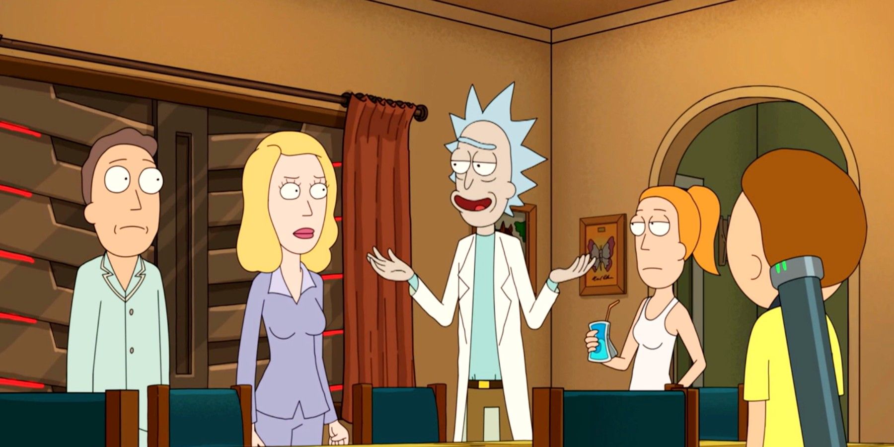 Rick and Morty with Beth, Jerry and Summer in their house