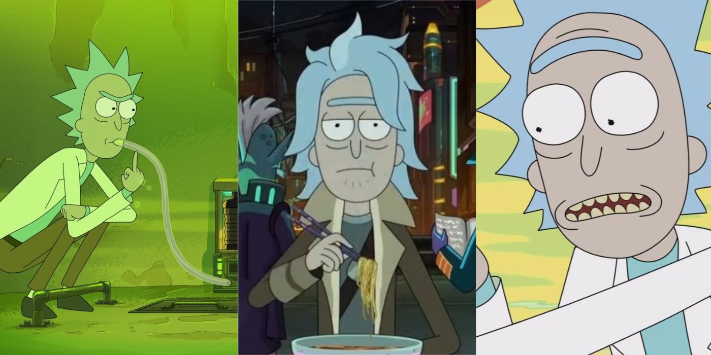 Uma imagem dividida de Rick Sanchez em vários estados de Rick e Morty