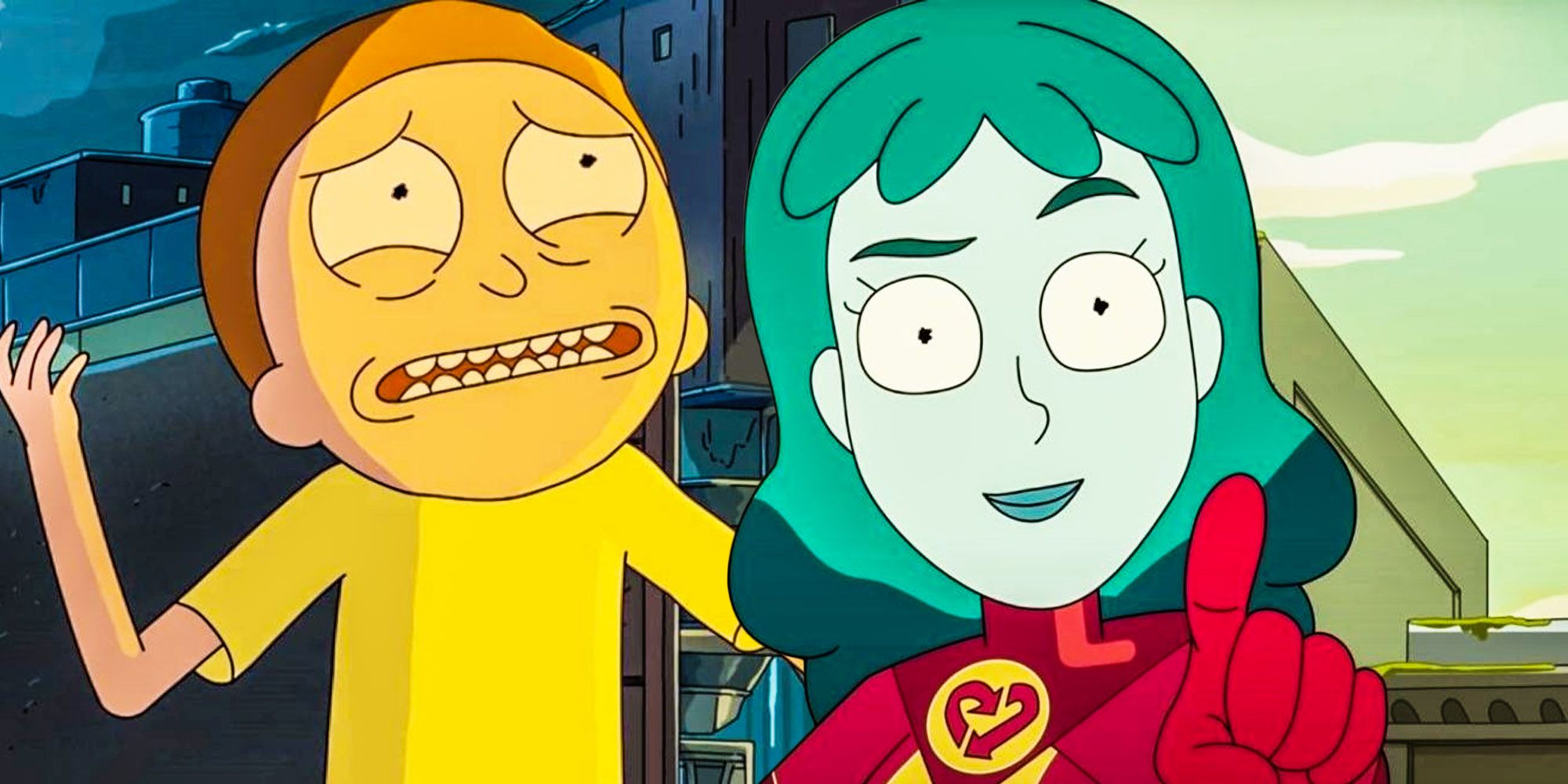 A horrified Morty and a smiling Planetina in Rick and Morty