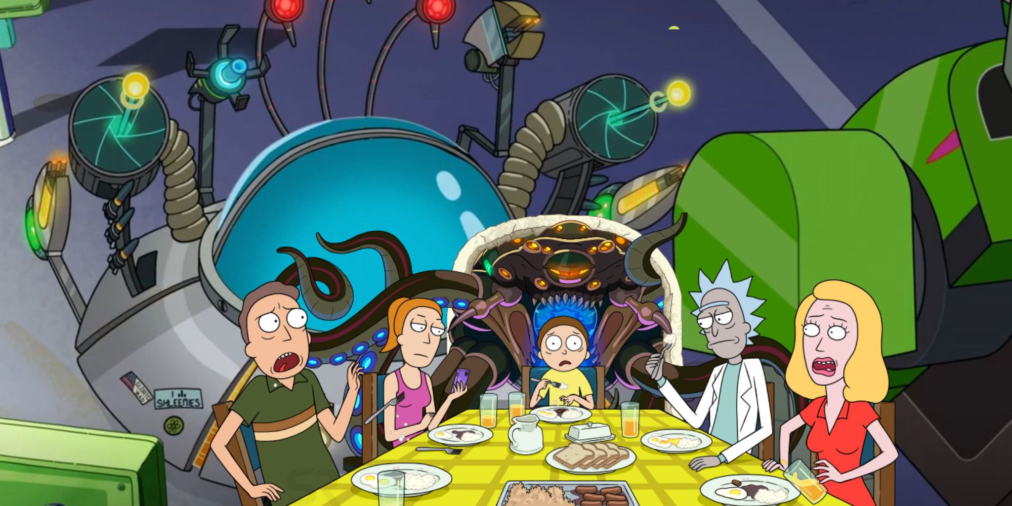 Rick's Ship and The Smith Family on Rick and Morty