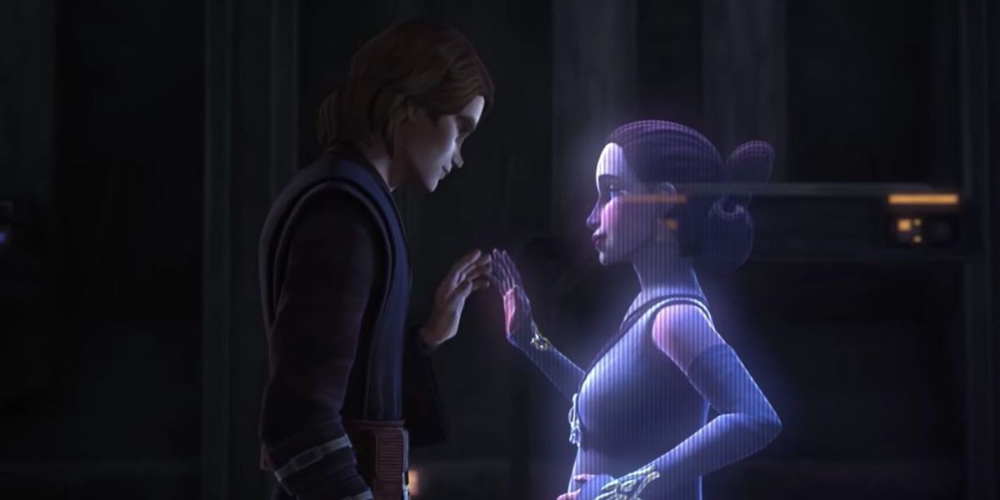 Anakin and Padme talk via hologram.