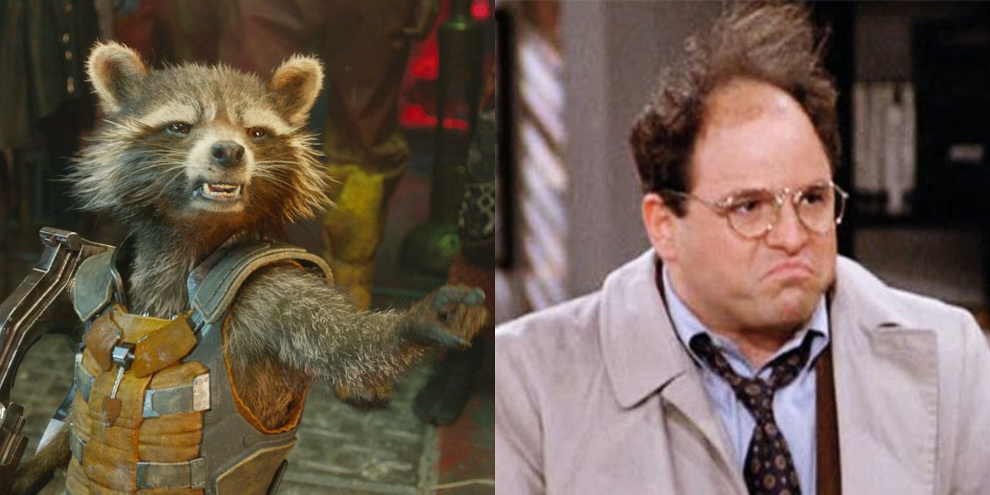 Split image Rocket in Guardians of the Galaxy and Jason Alexander as George Costanza in Seinfeld