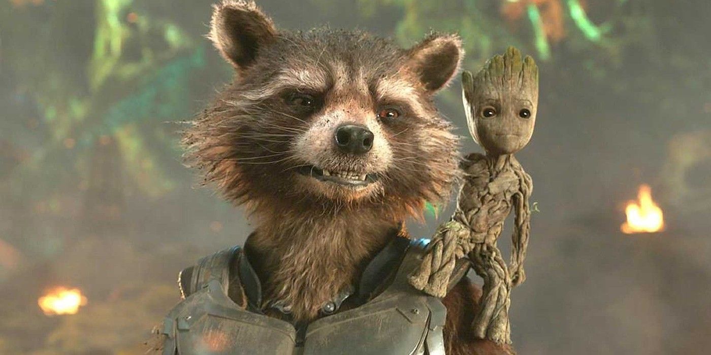 Rocket Raccoon with Groot on his shoulder.