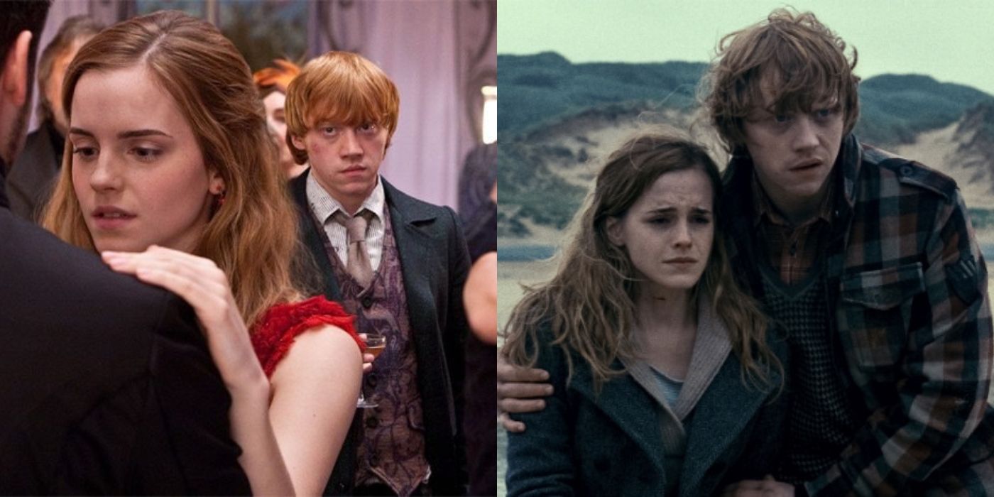 Harry Potter's Ron glaring at Hermione and Krum next to an image of them hugging