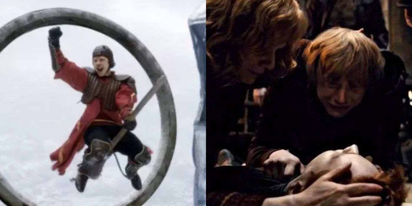 Ron wins quidditch match next to image of Ron and Molly next to Fred's body from Harry Potter