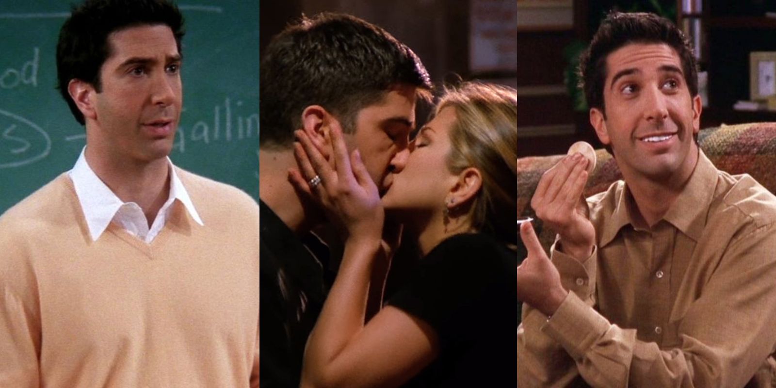 Split image of Ross on either side of a picture of Ross and Rachel kissing on Friends