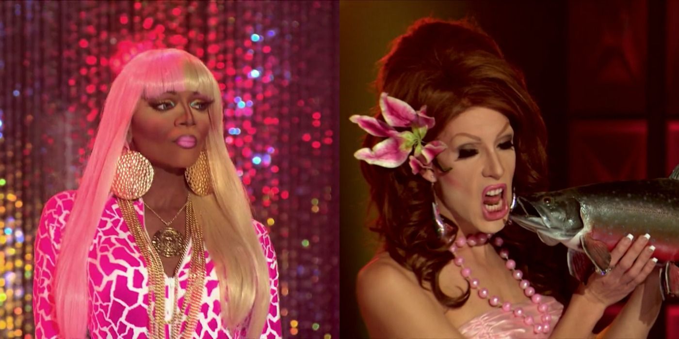 Coco Montrese and Alaksa in the Deadliest Snatch runway on RuPaul's Drag Race Season 5. 