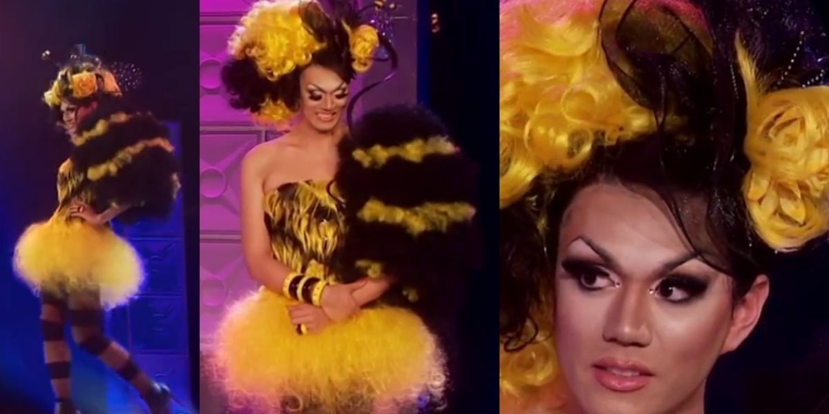 Split image showing Manila Luzon walking down the runway during the hair challenge in RuPaul's Drag Race