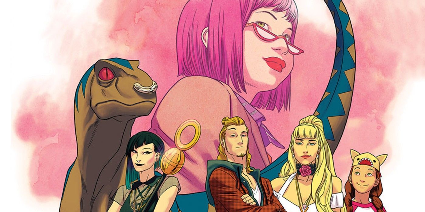 The Runaways (Old Lace, Nico, Chase, Krolina, Molly and Gertrude) pose on a comic cover.