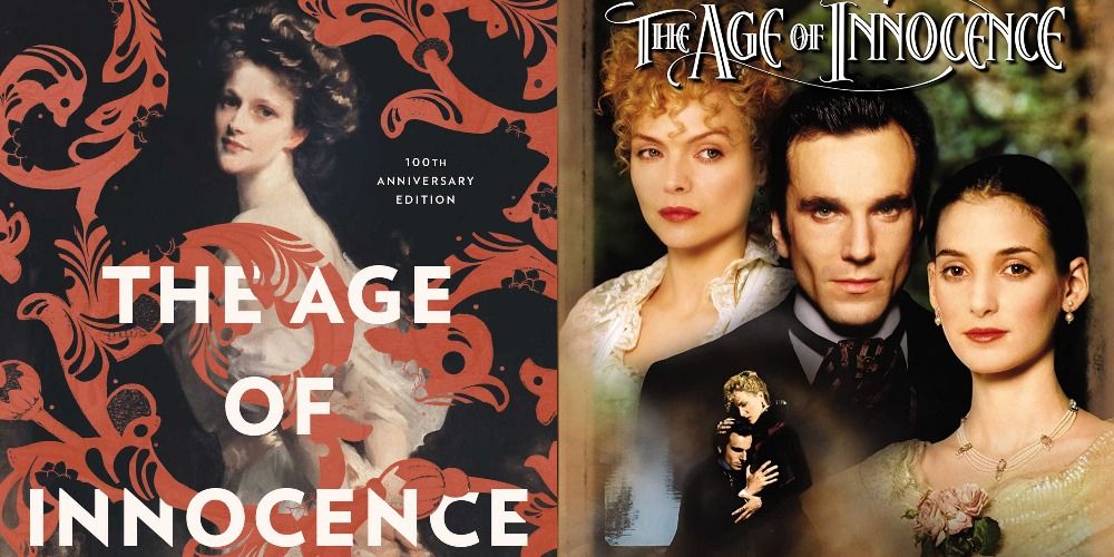 Split image of The Age of Innocence book cover and the movie poster
