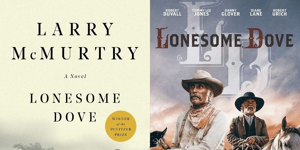 Split image of Lonesome Dove book cover and the movie poster
