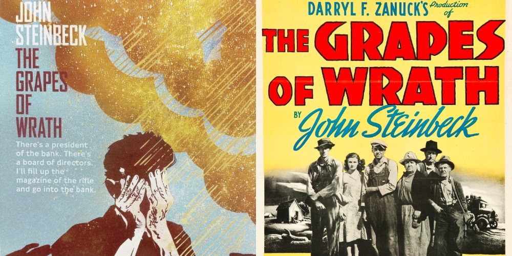 Split image of The Grapes of Wrath book cover and the movie poster