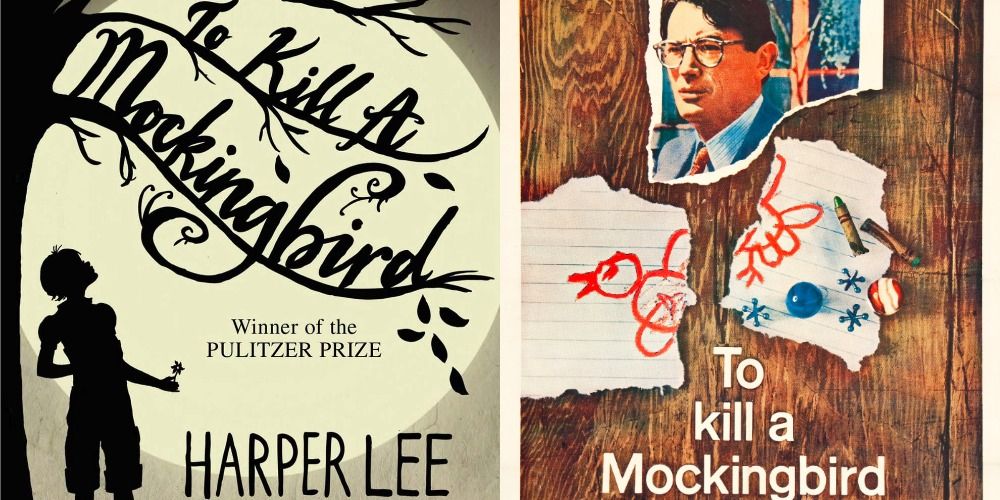Split image of the cover page of To Kill A Mockingbird and the book poster