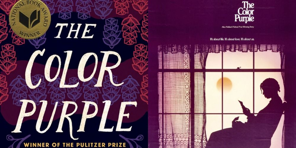 Split image of The Color Purple book cover and the movie poster