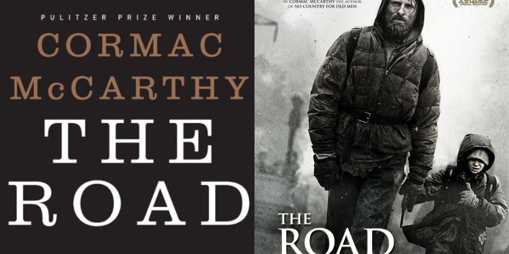 Split image of The Road book cover and the movie poster