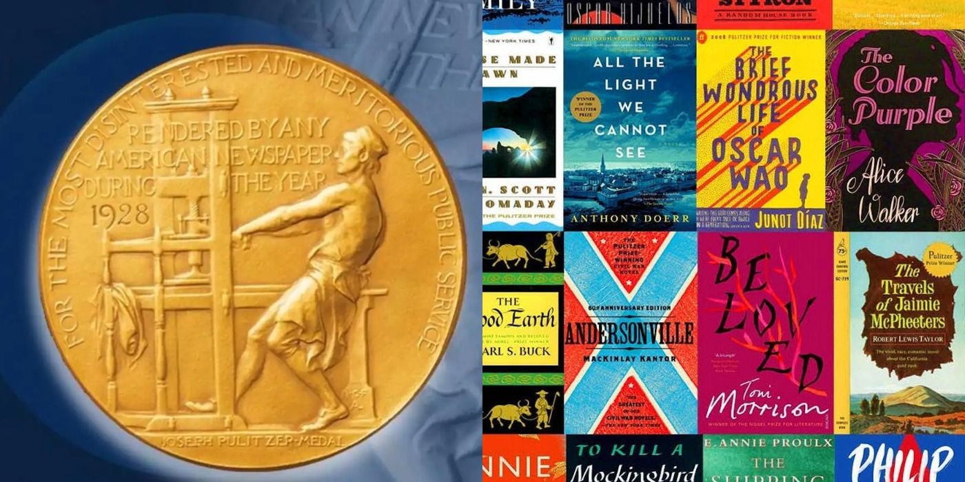 Split image of the Pulitzer Prize and book covers