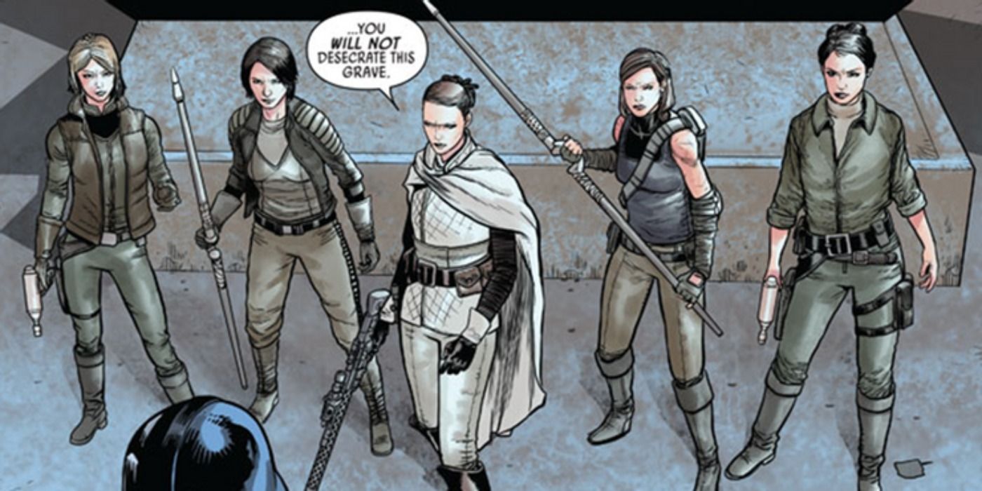 Sabé and the Amidalans try to stop Vader from entering Padmé Amidala's tomb in the Darth Vader comic