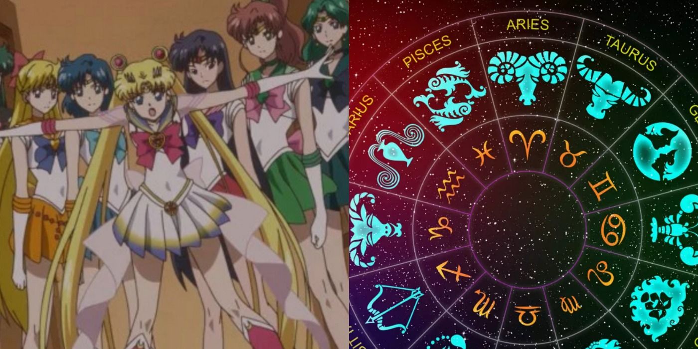 The Sailor Senshi of Sailor Moon Crystal appear alongside an image of a zodiac sign wheel topped by Aries