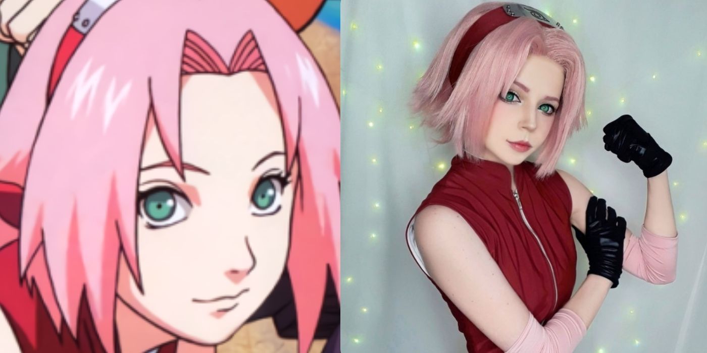 Two side by side images of Sakura from Naruto and Sakura cosplay