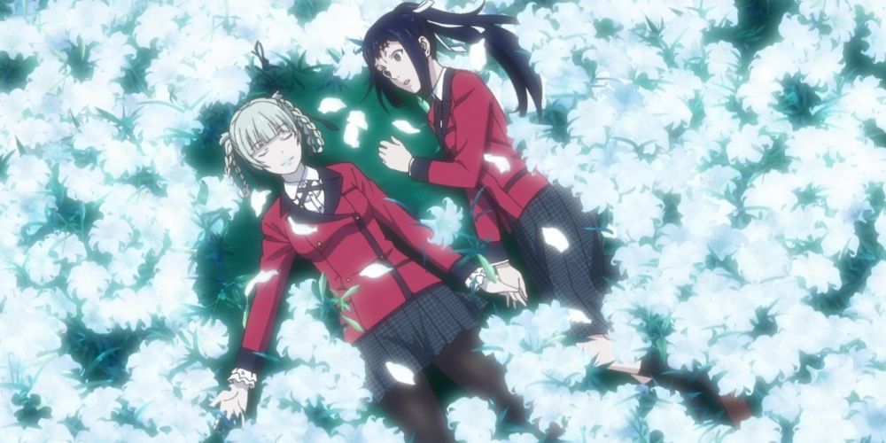 Sayaka and Kirari surrounded by flowers in Kakegurui