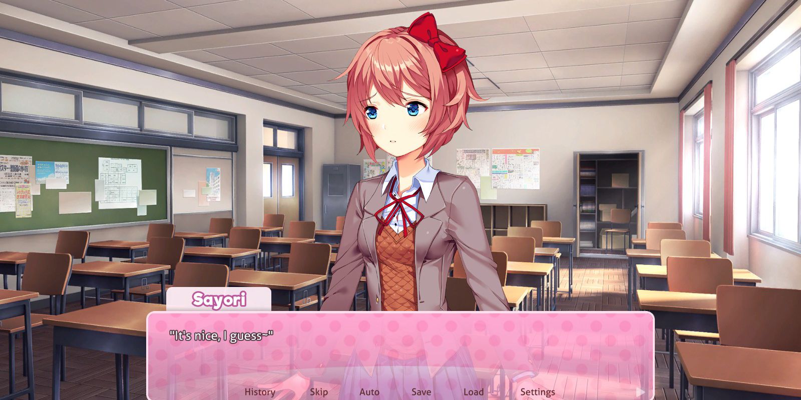 Sayori wears a shirt and tied up jacket and is not interested in Doki Doki Literature Club Plus