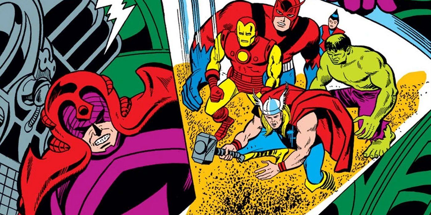 The Scarlet Centurion holds the Avengers in an hourglass in Marvel Comics.