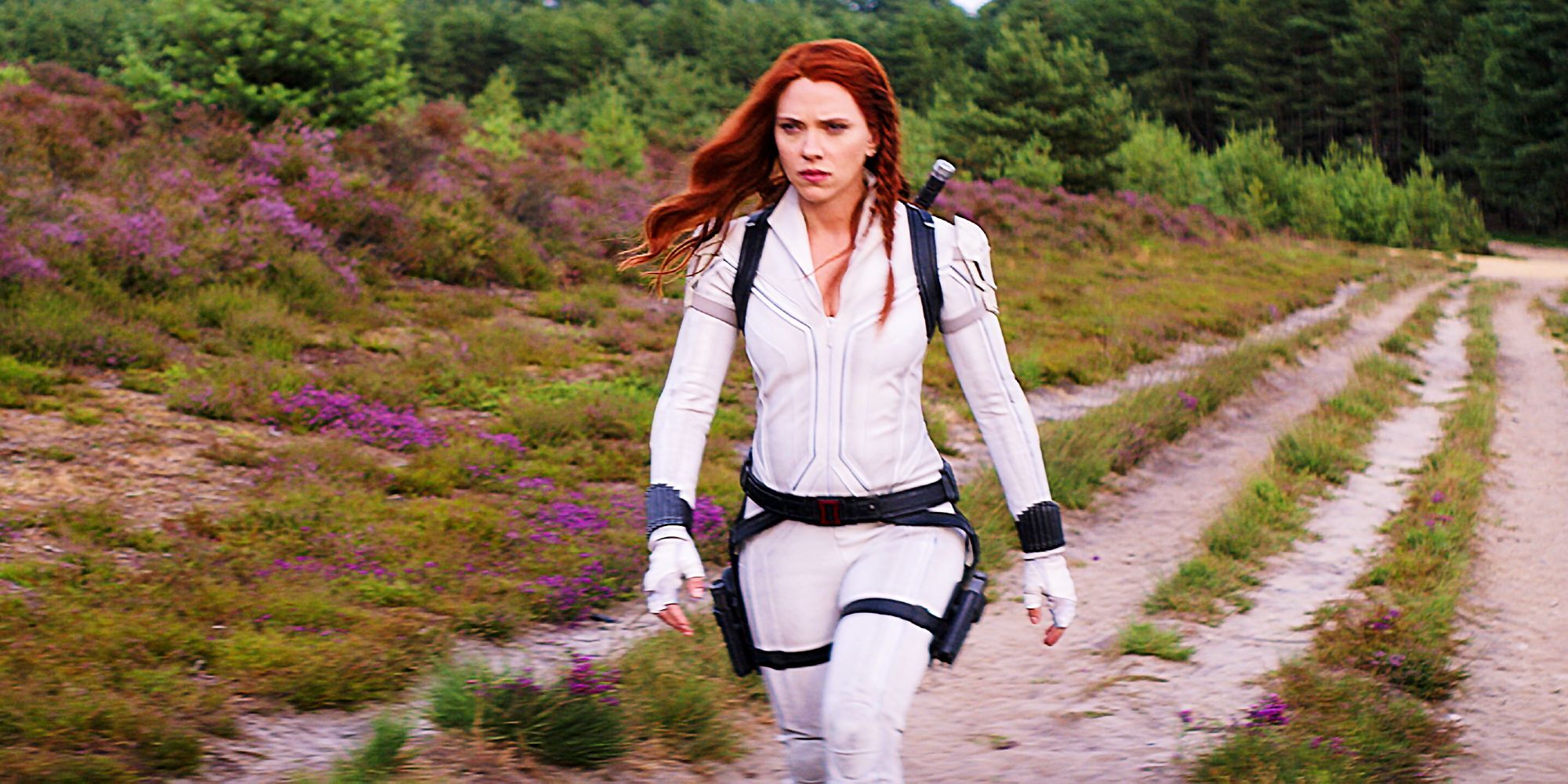 Scarlett Johansson walks as Natasha Romanoff in Black Widow