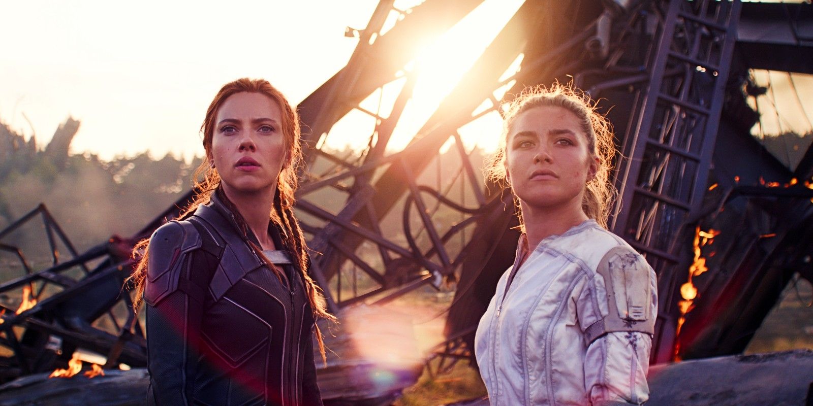 Scarlett Johansson as Natasha and Florence Pugh as Yelena standing together in Black Widow 