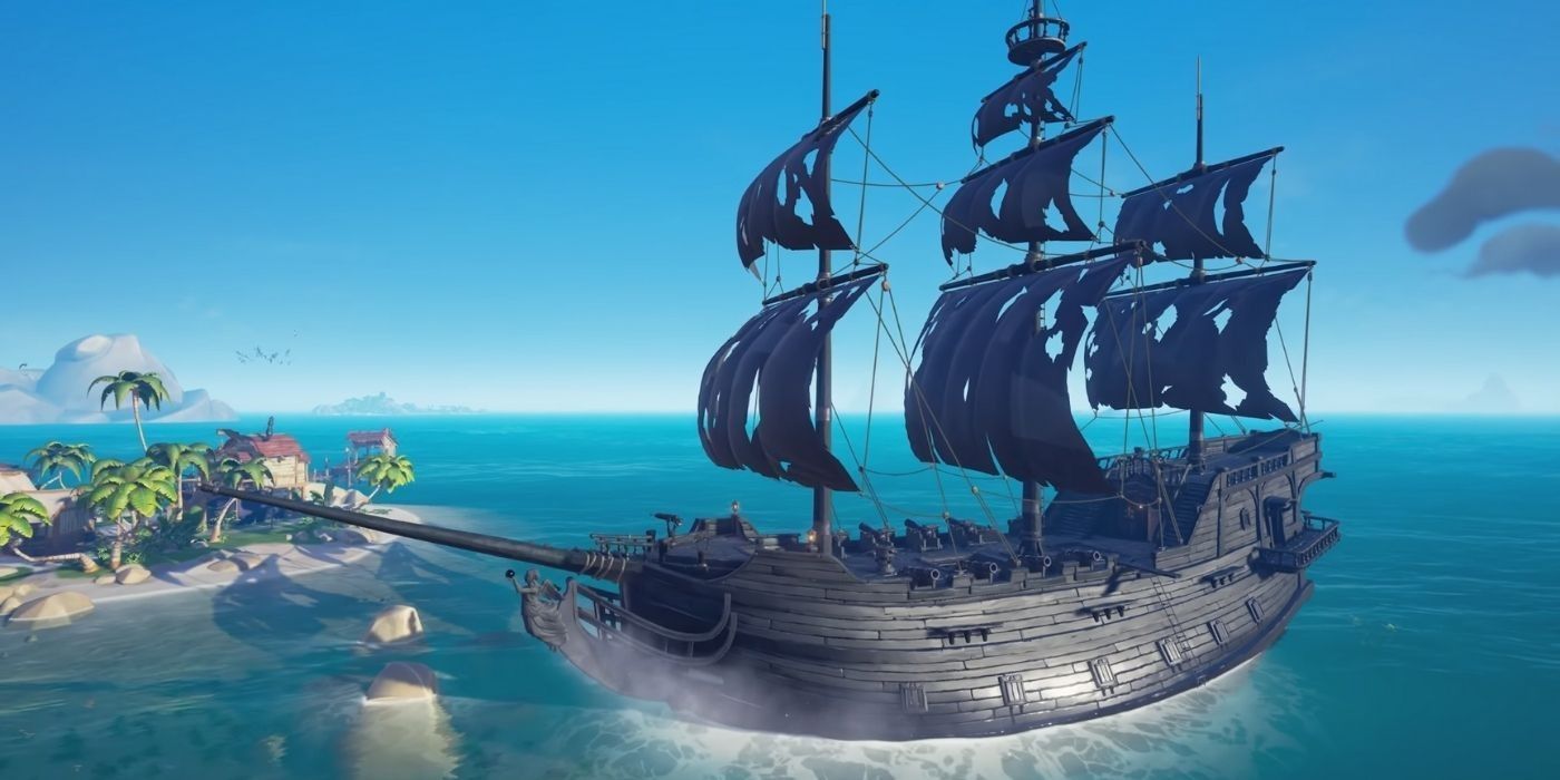 A ship on the ocean next to an island in Sea of Thieves.