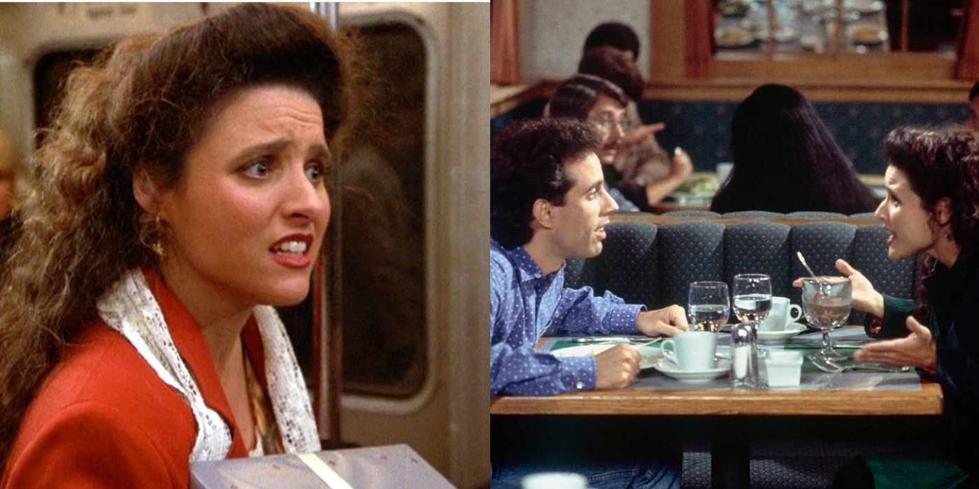 Split featured image of Elaine on the subway and Jerry and Elaine talking at Monk's restaurant on Seinfeld