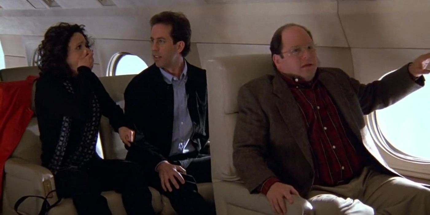 Jerry, Elaine, and George scared in the plane in the Seinfeld Finale