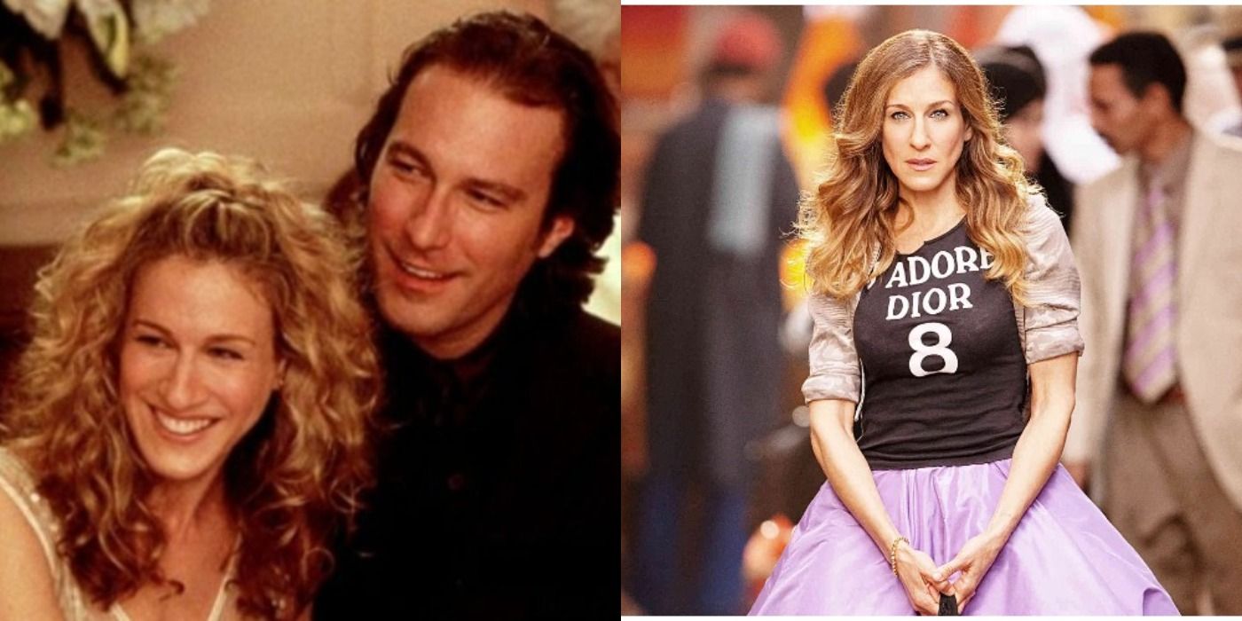 Two side by side images of Carrie and Aidan and Carrie solo in SATC.